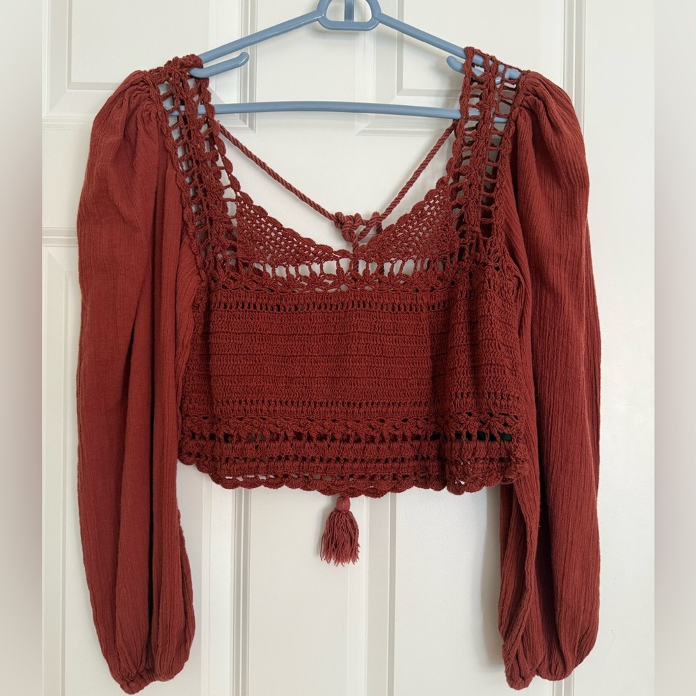Free People Crochet Long Sleeve Crop Top